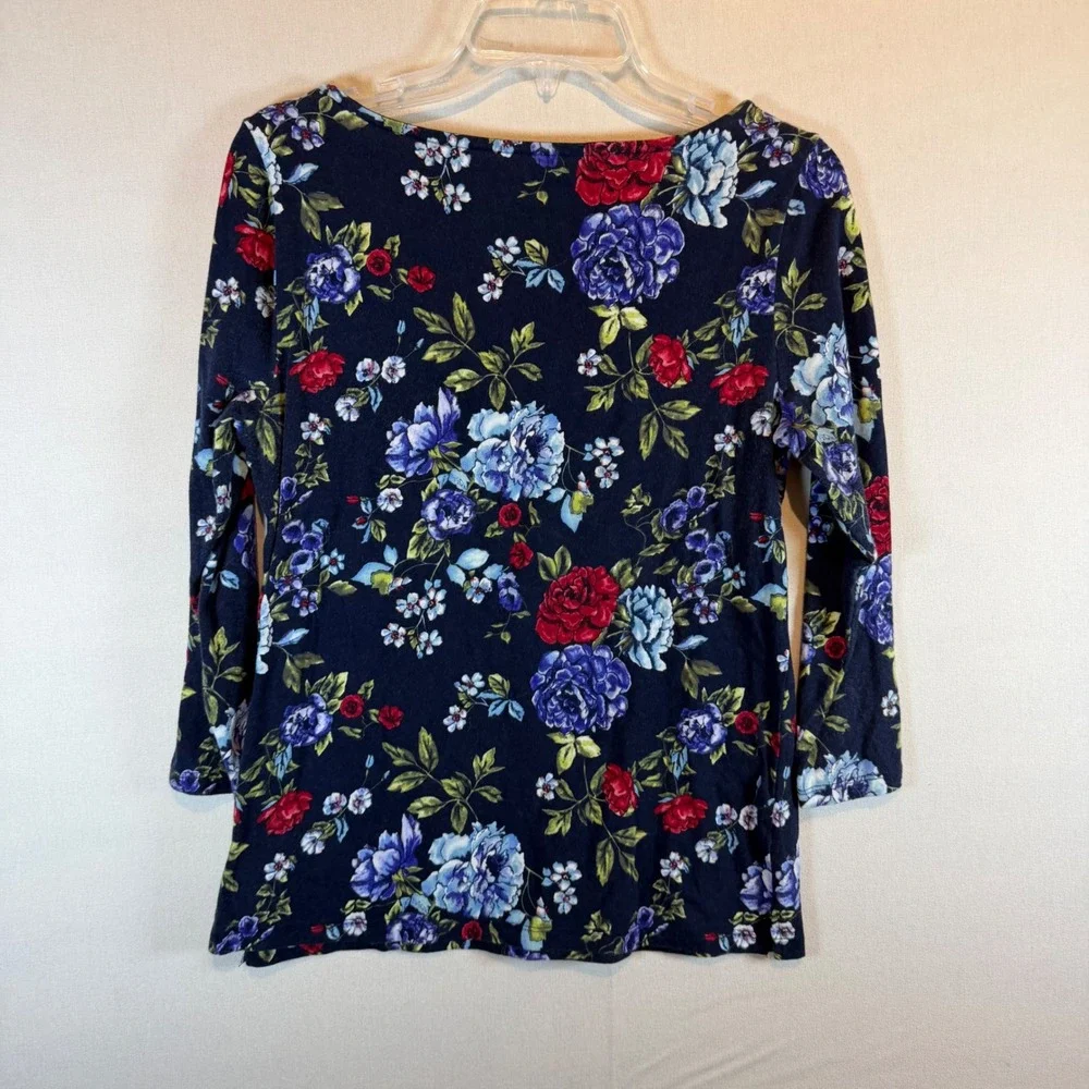 Talbots Womens Medium Navy Blue Floral Print 3/4 Sleeve Boat Neck Cotton Top - Picture 3 of 7
